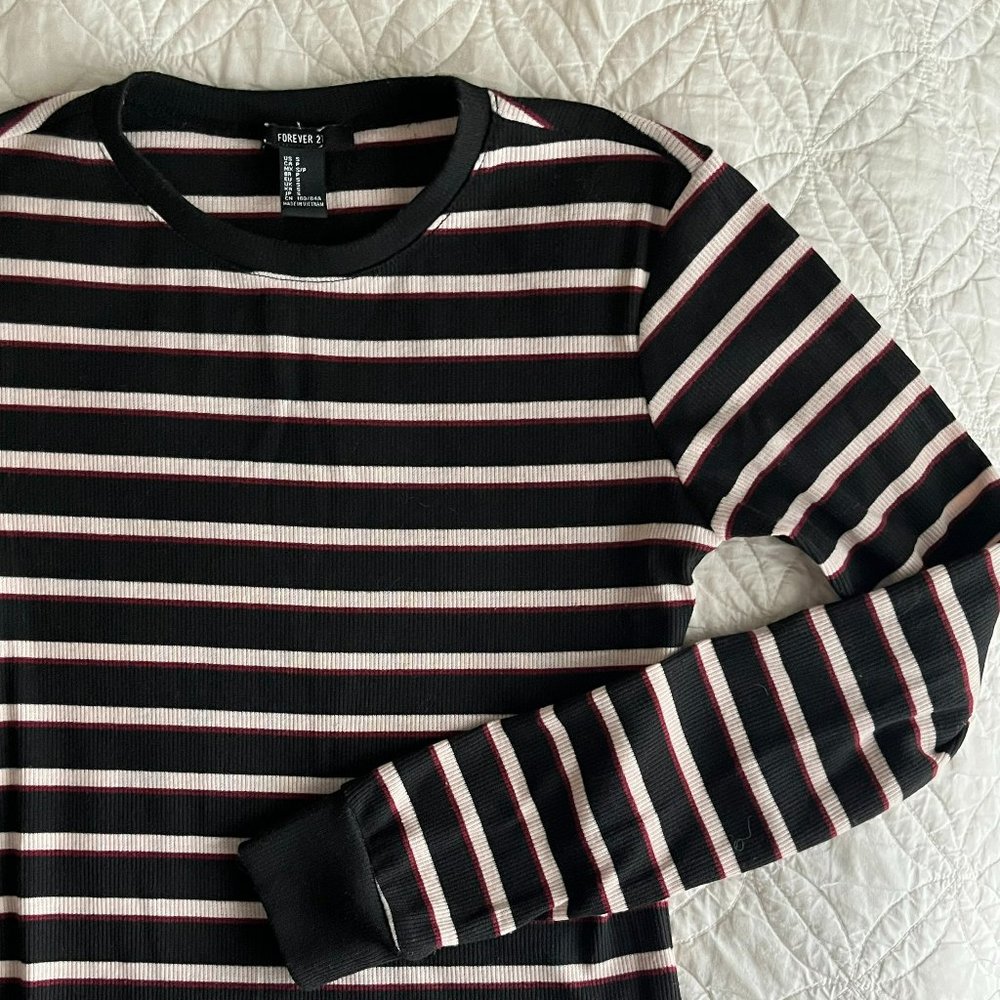 Forever 21 Striped Knit Stretch Sweater - Black shirt with red and white stripes
